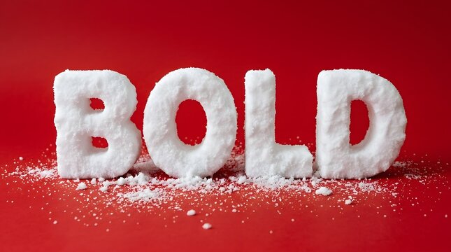 The word bold is creatively displayed in soft fluffy white letters set against a bright vibrant red backdrop with colorful confetti sprinkled around
