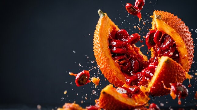 Exploding gac fruit pieces with red arils and seeds splashing against dark background.