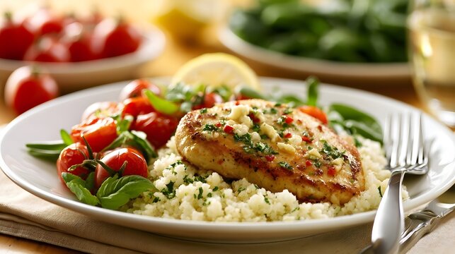 A plated dish of grilled chicken breast atop couscous with fresh cherry tomatoes  basil  and lemon garnish