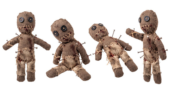 Four dark voodoo dolls with pins on transparent background