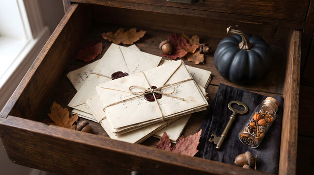 Vintage Autumn Letters and Key in Wooden Drawer with Matte Black Pumpkin and Fall Oak Leaves Cozy Halloween Decor
