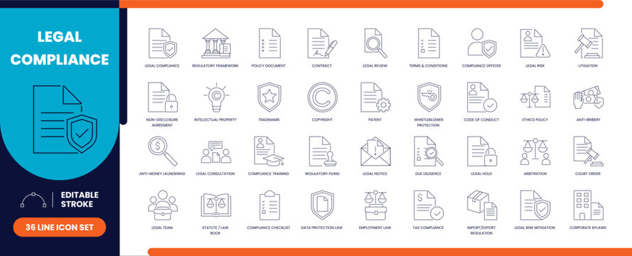 Legal compliance line icon set