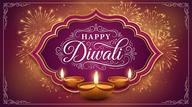 Happy diwali greeting with diya lamps and fireworks, celebrating the festival of lights with traditional wishes and vibrant colors