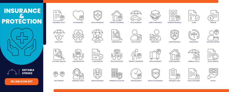 Insurance and protection line icon set