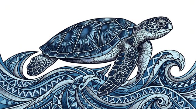 Sea turtle swimming in ocean wave ornate zentangle art style vector illustration