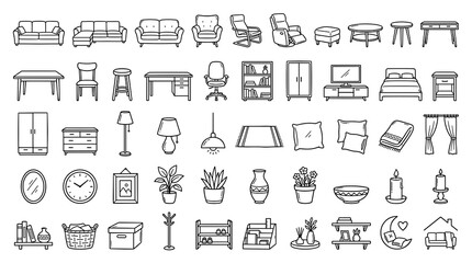 50 Cozy Home Furniture Doodle Icons Featuring Sofas Armchairs Tables Lamps Plants Decor and Living Room Interior Objects © Liton