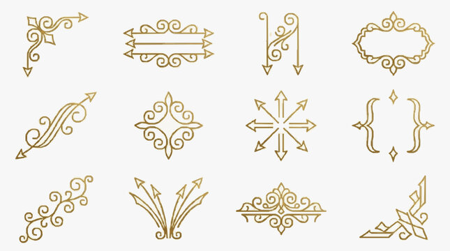 Elegant Gold Ornamental Arrow and Decorative Border Design Elements Set
