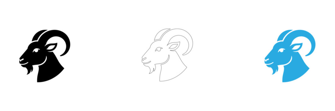 Minimalist ram head icons in black white and blue vector style