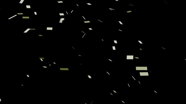 Falling white and pale green confetti pieces scattering across a black background, celebration party overlay