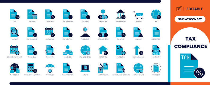 Tax compliance glyph icon set for accounting and finance