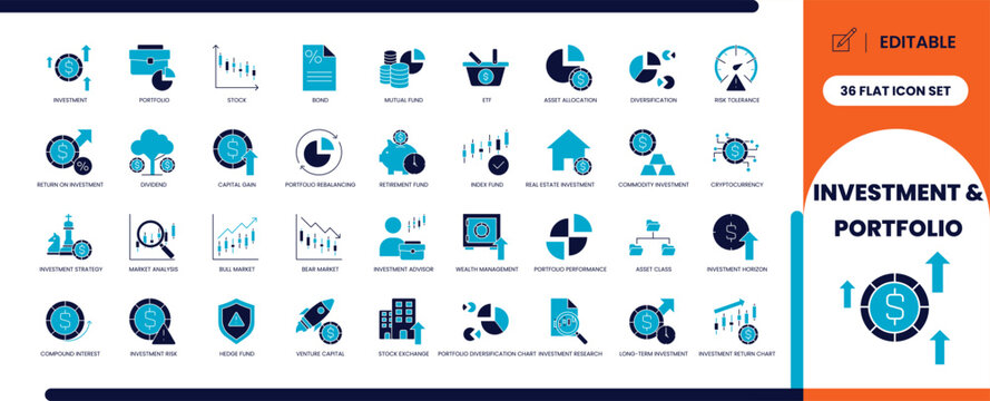 Investment and portfolio glyph icon set for finance