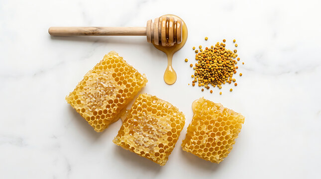 Natural organic honeycomb with wooden dipper and bee pollen on white marble background