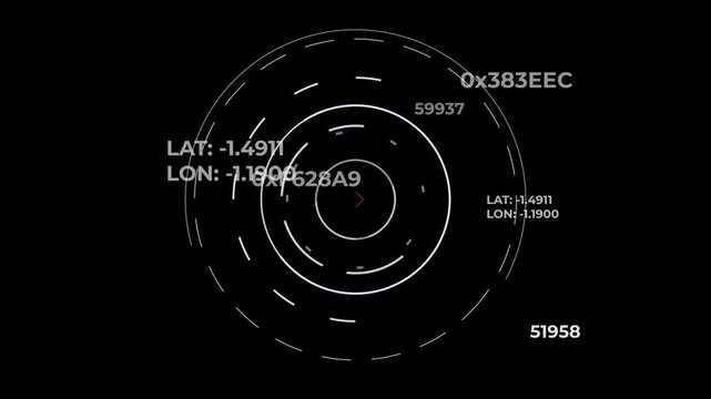 Concentric white rings spinning with overlapping LAT and LON coordinates, hex codes and random numbers on black background