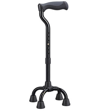 Ergonomic quad walking cane in black metal, adjustable height mobility aid with four-pronged base, orthopedic support stick for seniors isolated PNG with Transparent Background