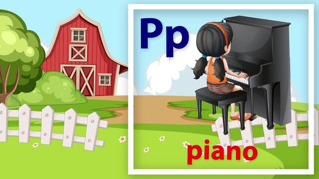 Educational Cartoon Animation of a Girl Playing Piano on a Farm