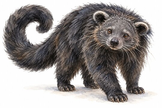 Shaggy dark binturong with a curled prehensile tail in expressive watercolor isolated on a clean white background