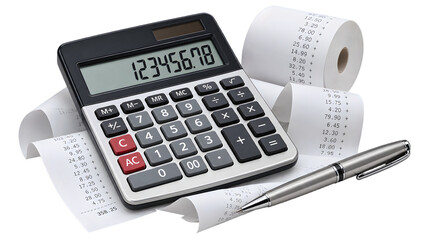 Obraz premium Professional electronic calculator with financial receipts and silver pen, accounting tools for tax preparation, business bookkeeping equipment isolated PNG with Transparent Background