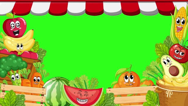Cartoon Fruit and Vegetable Market Frame Animation on Green Screen