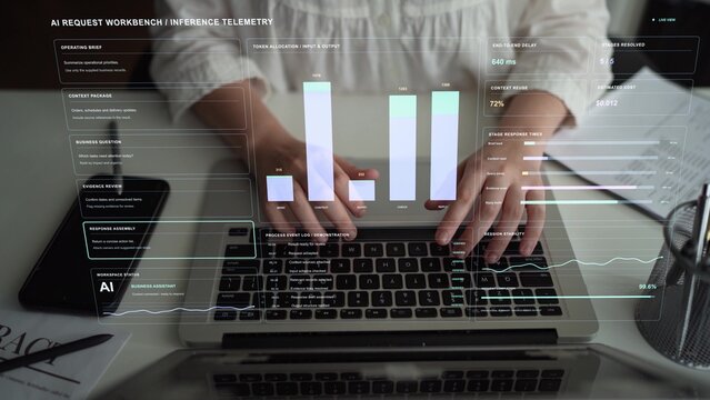 A person types on a laptop. AI request monitoring connects prompts and contextual evidence with inference metrics, tracking token use, latency and cost through response preparation.