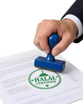 Halal certified stamp on official document, businessman hand stamping green halal logo on paper, islamic food quality certification isolated PNG with Transparent Background