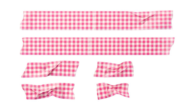 Set of pink and white gingham patterned washi tape strips isolated on black background