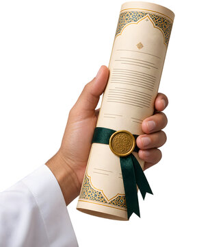 Vintage Islamic scroll with gold wax seal held by hand, traditional marriage certificate or award document, elegant paper with green ribbon isolated PNG with Transparent Background