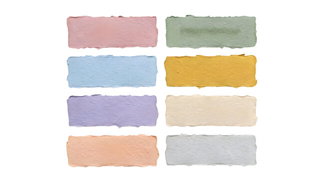 Set of eight colorful rectangular paper labels with torn edges on a black background