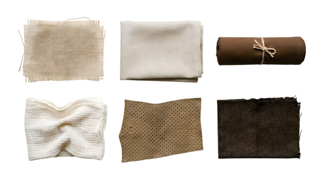 Six fabric swatches and a rolled cloth piece arranged on a solid black background surface