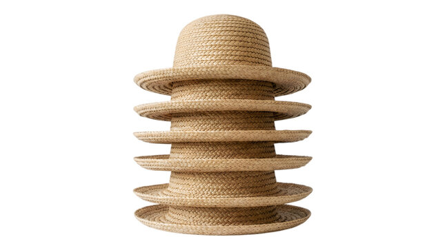 Stack of six straw hats with wide brims arranged vertically on a solid black background surface