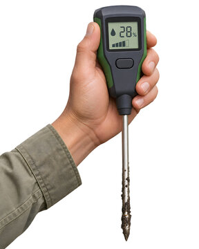 Digital soil moisture meter showing 28 percent, hand holding electronic soil tester for gardening, professional agriculture sensor tool isolated PNG with Transparent Background