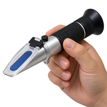 Handheld brix refractometer for sugar content measurement, portable optical refractometer held by hand, professional laboratory testing tool isolated PNG with Transparent Background