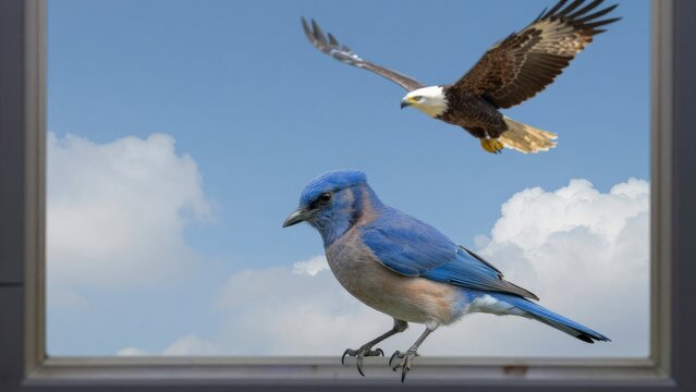 Blue Bird and Eagle in Sky with Clouds Outside Window Frame