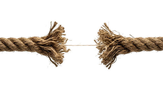 Thick hemp rope about to snap with frayed ends pulled tight isolated on black background