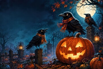 Fototapeta premium Spooky Halloween crows perched around glowing jack-o'-lantern
