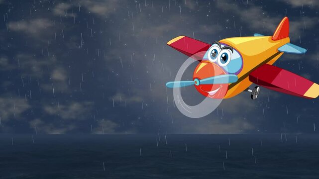 Cartoon Propeller Airplane Flying Through Rainy Night Sky Animation