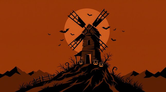Spooky halloween windmill illustration with pumpkins and bats against a vibrant orange autumn background