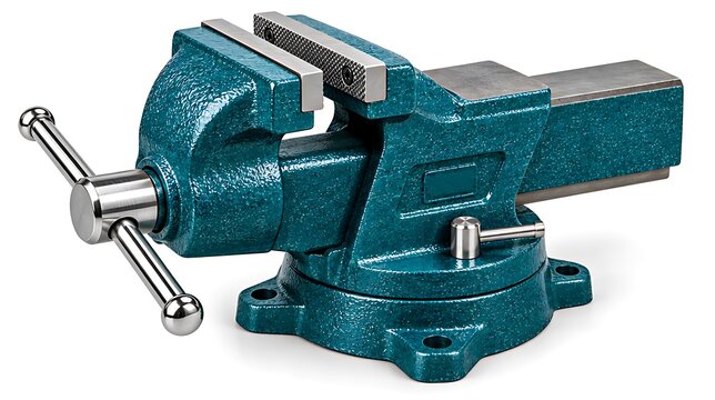 Heavy duty metal bench vise isolated on a white background for workshop and industrial use
