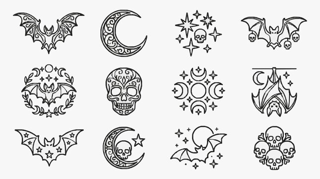 Elegant Gothic Halloween Symbols Collection Featuring Bats Skulls Moons and Stars