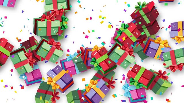 Colorful Gift Boxes and Confetti Bursting on White Background