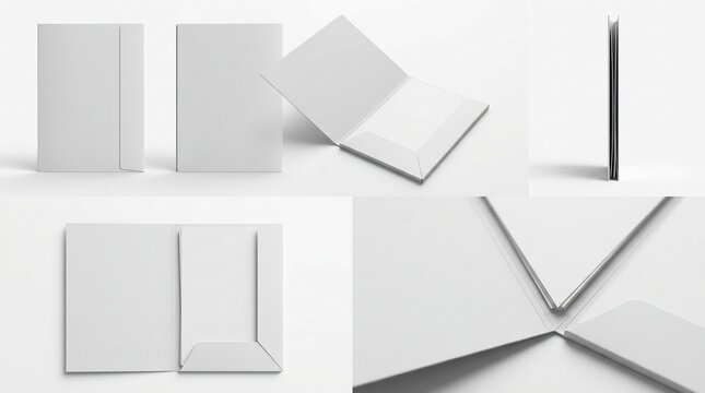 Blank white presentation folder mockup featuring multiple angles on a studio background