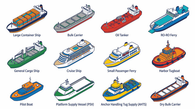Diverse Types of Maritime Vessels and Ships for Commercial and Passenger Use