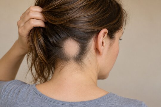 Woman Lifting Her Hair to Reveal a Bald Patch Near the Nape
