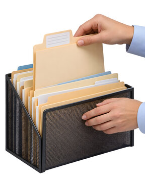 Manila file folders in black mesh desk organizer, professional office worker hands organizing documents, business administration and filing system isolated PNG with Transparent Background