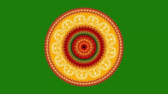 Intricate circular geometric rangoli mandala motif animation isolated on green screen chroma key