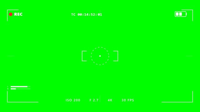 Camera viewfinder recording overlay interface on green screen background