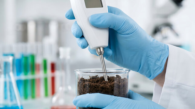 Scientist conducting soil quality analysis using digital probe meter in modern laboratory
