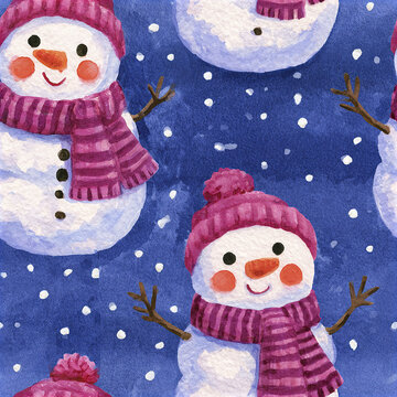 Playful snowman with pink hat and scarf on blue background with falling snow, cheerful winter holiday seamless pattern