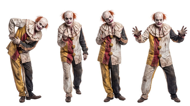 Four scary clowns in dirty costumes with white painted faces