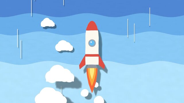 Paper cut style rocket flying up through the clouds seamless loop