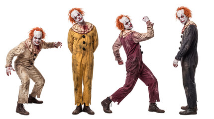 Scary clown in tattered costume in four creepy poses © Robert